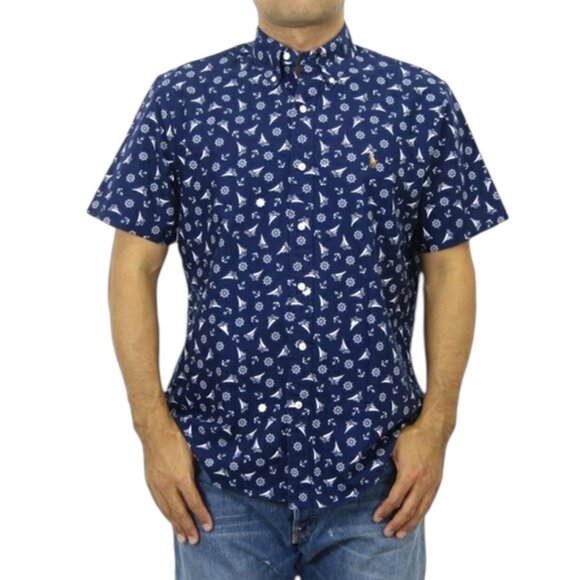 Ralph Lauren Nautical Blue Short Sleeve Button Down Flesh Pony Shirt Mens Medium - Picture 1 of 12